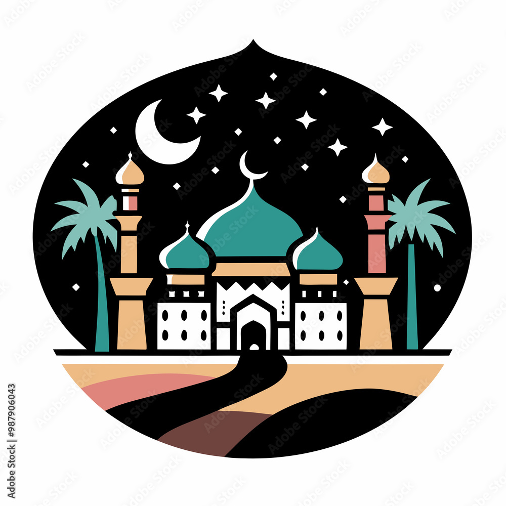 Fototapeta premium Elegant mosque illustration with moon and palms for t-shirt print