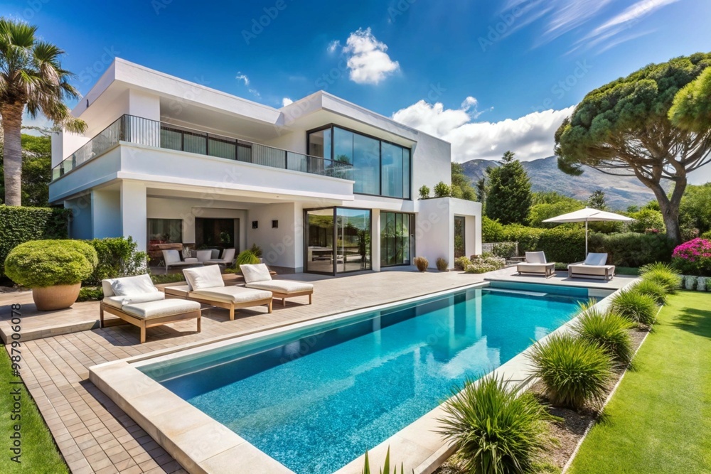 Fototapeta premium Luxurious Modern House Exterior with Minimalist Design and Large Outdoor Entertainment Area