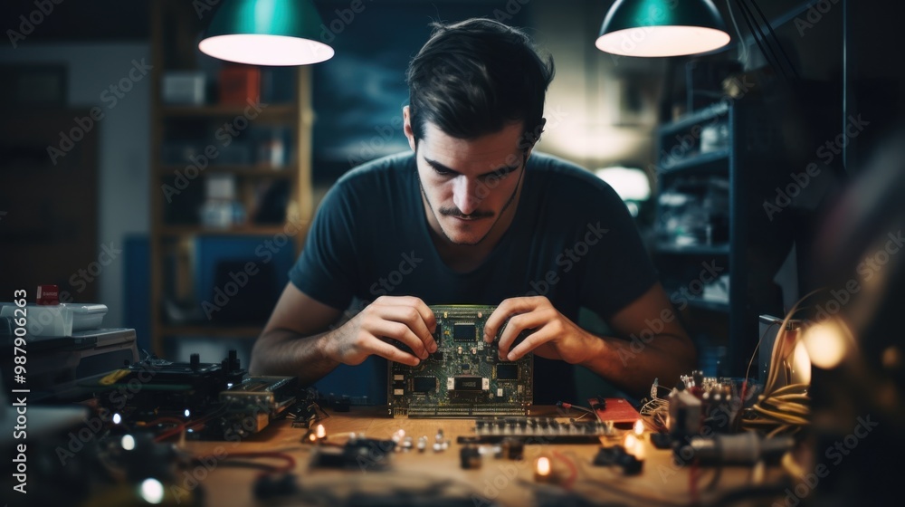 A focused man works meticulously on an electronic circuit board under soft lighting in a workshop filled with tech equipment and components. A focused man works meticulously on an electronic circuit board under soft lighting in a workshop filled with tech equipment and components.