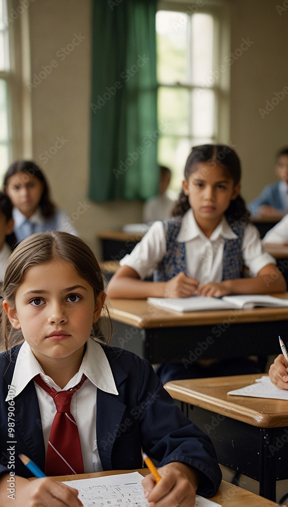A group of children sitting at desks in a classroom, all taking their final test, with serious expressions on their faces A group of children sitting at desks in a classroom, all taking their final test, with serious expressions on their faces