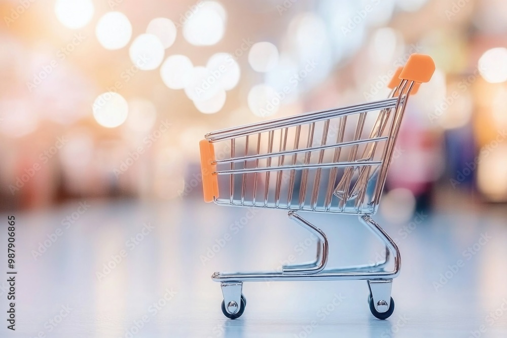 Shopping cart on blurred background with bokeh lights Shopping cart on blurred background with bokeh lights