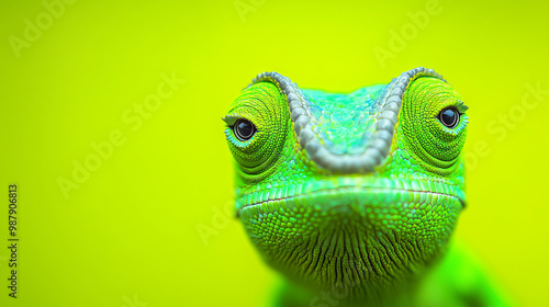 Close-up of a green chameleon's face.