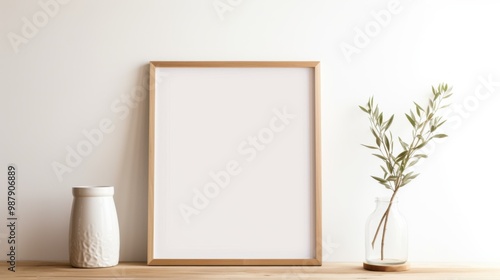 A minimalist indoor setting featuring a wooden frame, a potted plant, and a light-colored jar, all bathed in soft, natural light.