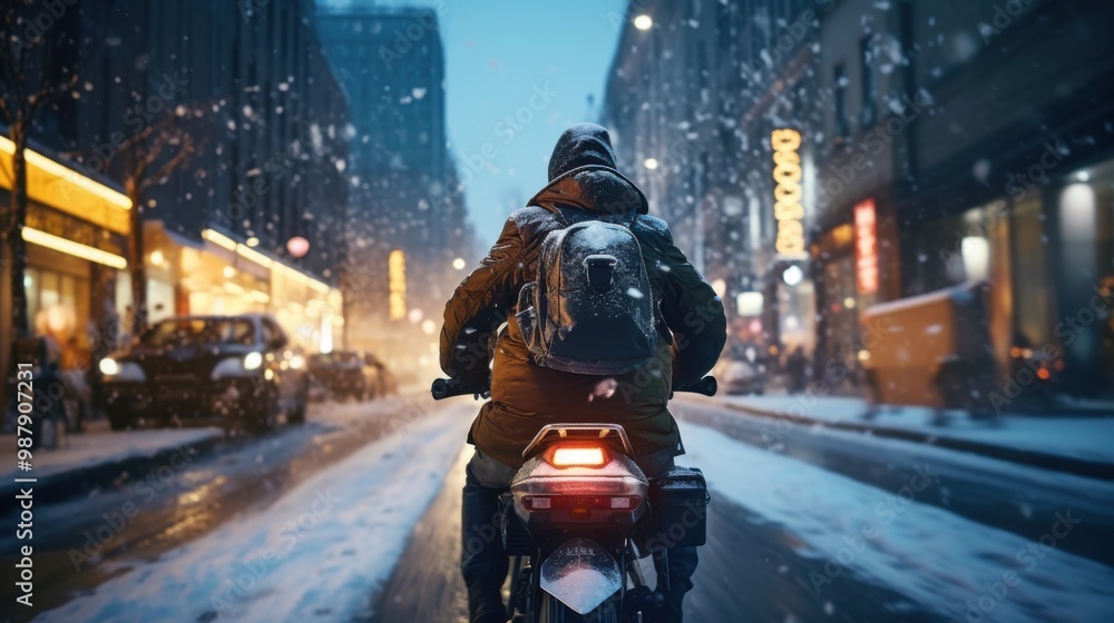 A motorcycle rider navigates through a snowy city street at dusk, surrounded by blurred city lights and falling snow, evoking a sense of adventure and determination. A motorcycle rider navigates through a snowy city street at dusk, surrounded by blurred city lights and falling snow, evoking a sense of adventure and determination.