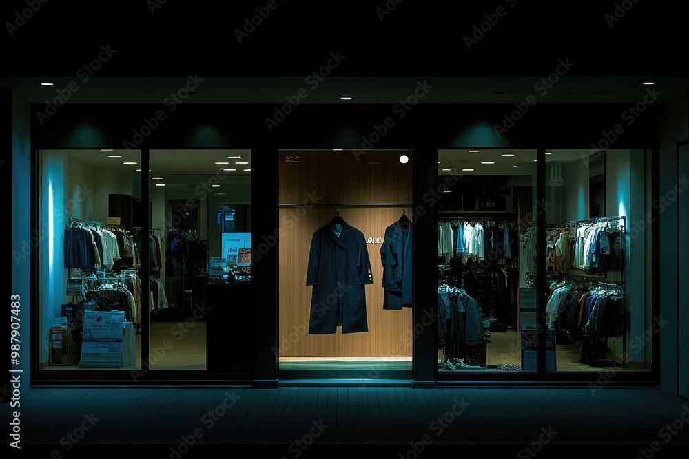 Stylish nighttime display of elegant coats in fashion storefront Stylish nighttime display of elegant coats in fashion storefront
