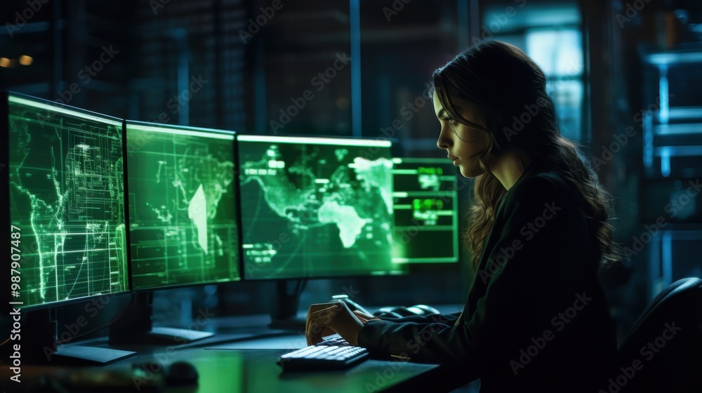 A person intensely focused on analyzing maps on dual monitors in a dimly lit room, highlighting their dedication and concentration. A person intensely focused on analyzing maps on dual monitors in a dimly lit room, highlighting their dedication and concentration.