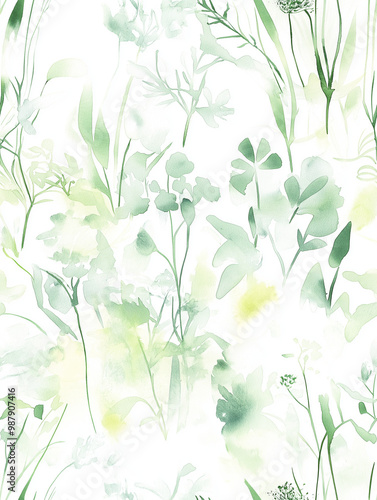 Seamless watercolor floral pattern with green leaves and plants on white background