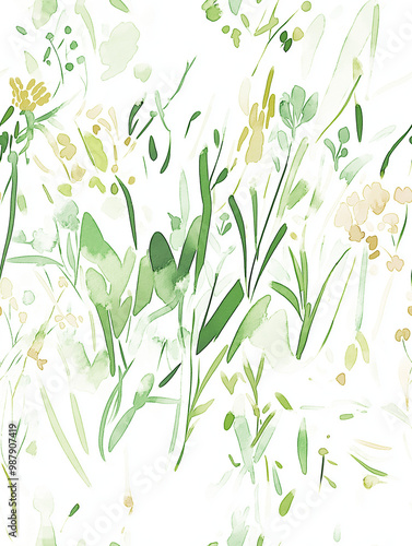 Seamless watercolor floral pattern featuring green leaves and soft blossoms on a white background