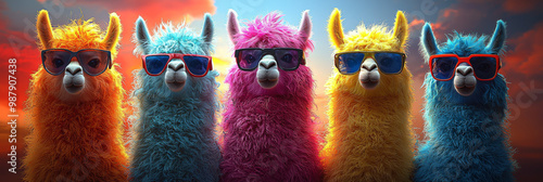 Five llamas wearing sunglasses and looking at the camera.