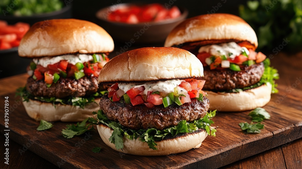 Several plant-based burgers are beautifully arranged on a wooden board, showcasing vibrant colors and textures, set against a festive backdrop of Mexican flags. Several plant-based burgers are beautifully arranged on a wooden board, showcasing vibrant colors and textures, set against a festive backdrop of Mexican flags.