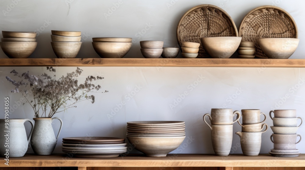 A rustic wooden shelf filled with ceramic bowls, pitchers, and vases, creating a charming and homely display. A rustic wooden shelf filled with ceramic bowls, pitchers, and vases, creating a charming and homely display.