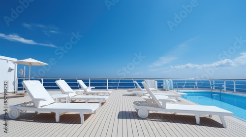 A serene deck on a cruise ship featuring sun loungers under a bright blue sky, inviting relaxation and ocean views. photo