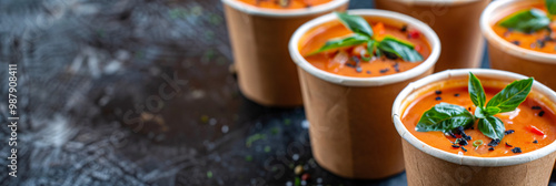 Disposable paper cups of tomato bisque. Food truck counter setting. with space for text  photo