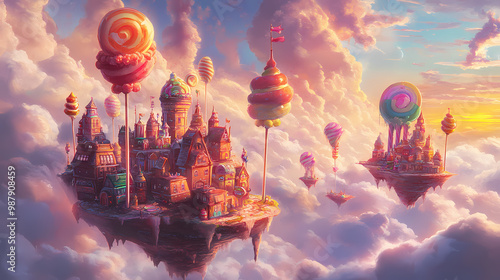 Candy-themed city floating in clouds. Floating City. Illustration photo