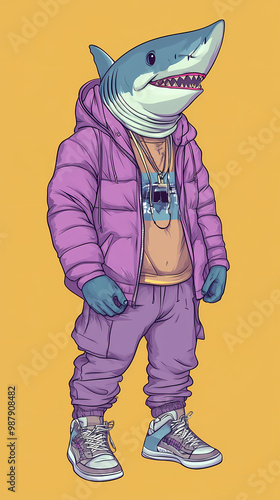 Vector illustration of an anthropomorphic shark wearing streetwear, including a hoodie, jacket, cargo pants, and sneakers, blending urban fashion with playful marine design