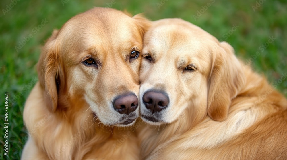 Two golden retrievers are laying together on the grass, AI Two golden retrievers are laying together on the grass, AI