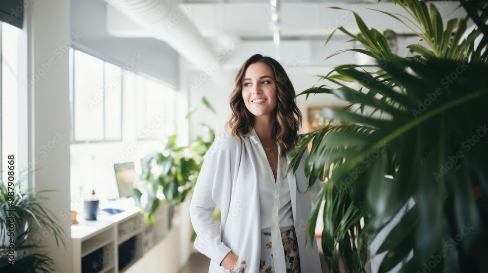 A smiling woman stands confidently in a bright, plant-filled modern office, wearing a white coat, radiating happiness and professionalism. A smiling woman stands confidently in a bright, plant-filled modern office, wearing a white coat, radiating happiness and professionalism.