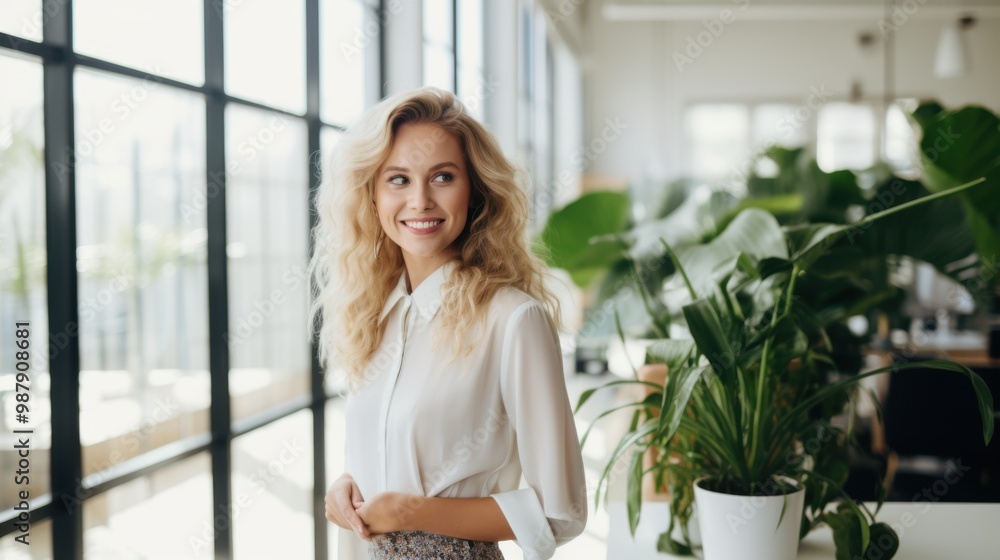 A smiling woman stands confidently in a bright, modern office filled with natural light and indoor plants, exuding positivity and charm. A smiling woman stands confidently in a bright, modern office filled with natural light and indoor plants, exuding positivity and charm.