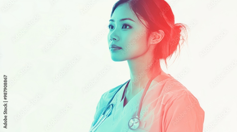 Double exposure image of an East Asian female nurse in scrubs, hospital equipment softly blended into the image on a white background. Double exposure image of an East Asian female nurse in scrubs, hospital equipment softly blended into the image on a white background.