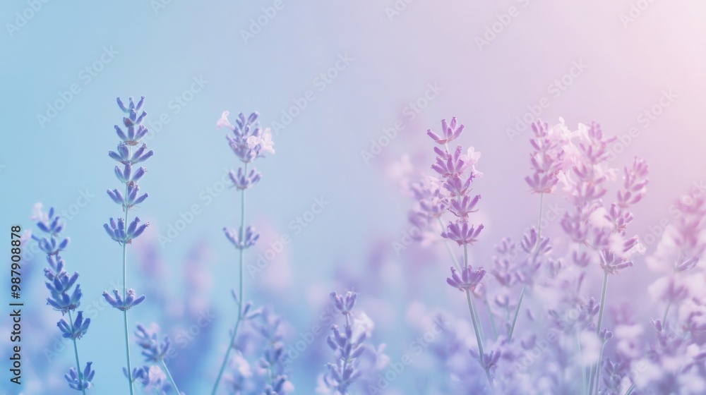 Naklejka premium Soft pastel gradient background from lavender to light blue, creating a calm and elegant atmosphere for cosmetics.