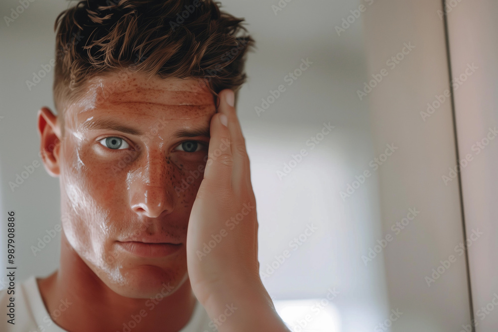Man with blue eyes looking at the camera through reflection in the mirror, hand resting on his face Man with blue eyes looking at the camera through reflection in the mirror, hand resting on his face
