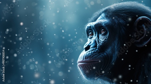 A contemplative chimpanzee is captured in profile, surrounded by an ethereal array of floating particles, evoking a feeling of quiet introspection.