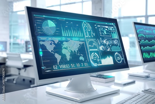 Monitor displaying global data and analytics in a modern office, showcasing digital information and business analysis through advanced technology and graphical interfaces.