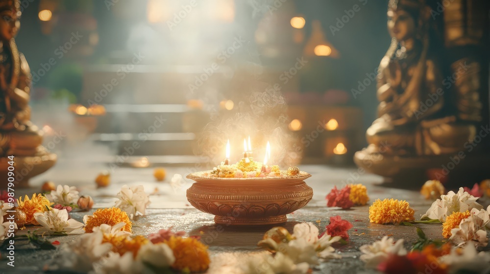 A ceremonial ritual with Vishnu, the preserver, depicted in a temple with sacred offerings and worshippers gathered in devotion A ceremonial ritual with Vishnu, the preserver, depicted in a temple with sacred offerings and worshippers gathered in devotion