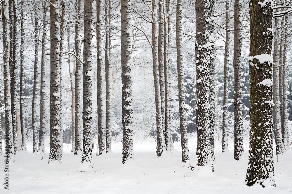 Fototapeta premium Snowy Forest Path with Tall Pine Trees in Winter