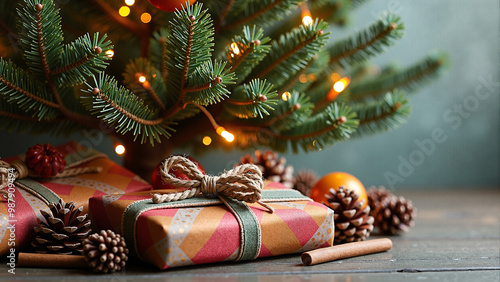  Christmas tree with decorations and presents, including two wrapped gifts with ribbons and pine cones in the foreground.