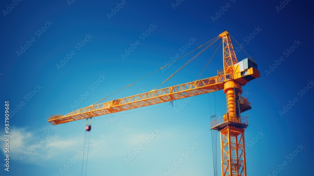 Another view of a towering construction crane, this time extending its long arm against a backdrop of a deep blue sky, emphasizing its impressive reach. Another view of a towering construction crane, this time extending its long arm against a backdrop of a deep blue sky, emphasizing its impressive reach.