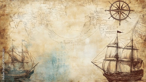 Old hand drawn map with vintage sailing yachts, Pirate adventures, treasure hunt and old transportation