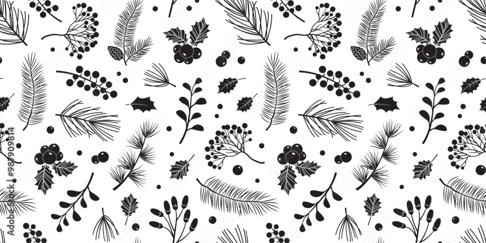 Fototapeta premium Christmas pine seamless pattern, holly berry, fir, tree, pinecone, leaves, mistletoe. Branch and sprig, floral winter background. Black and white design bg, plant element. Nature vector illustration