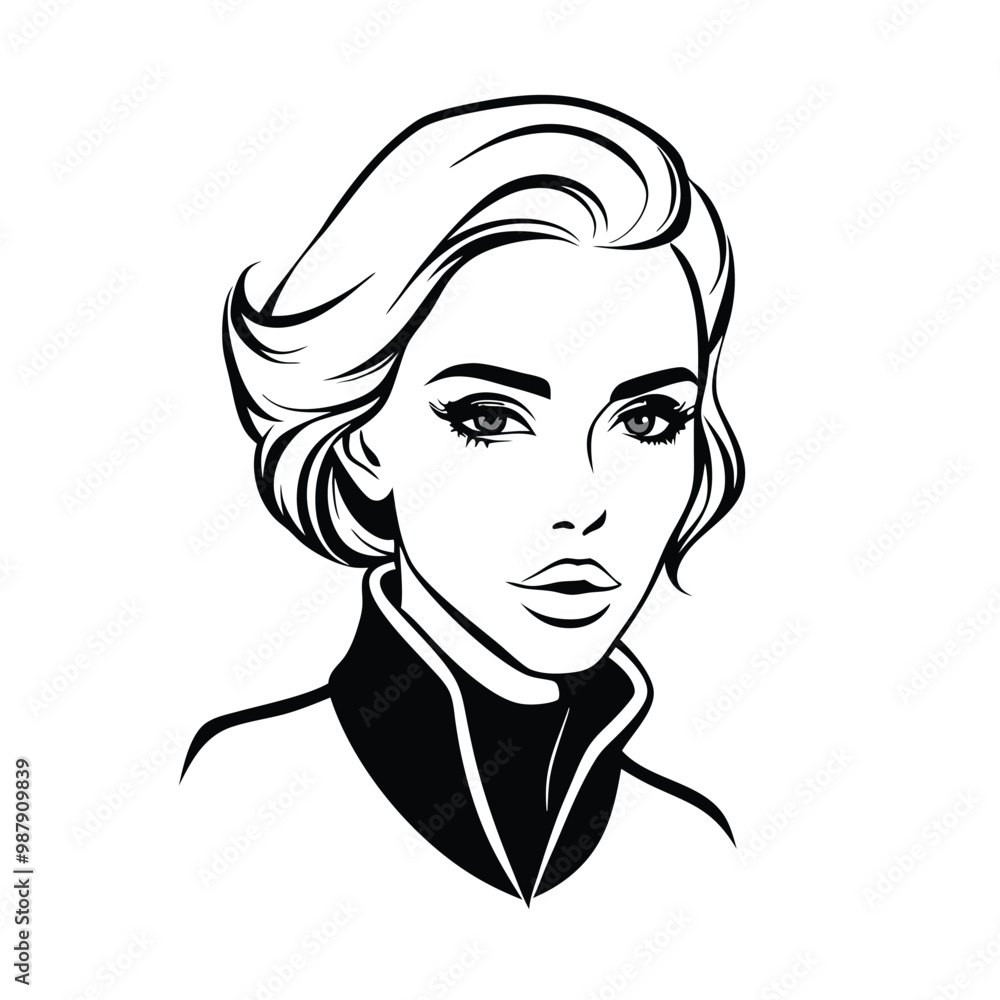 Fashion woman portrait line art. a black silhouette,The background is plain white Fashion woman portrait line art. a black silhouette,The background is plain white