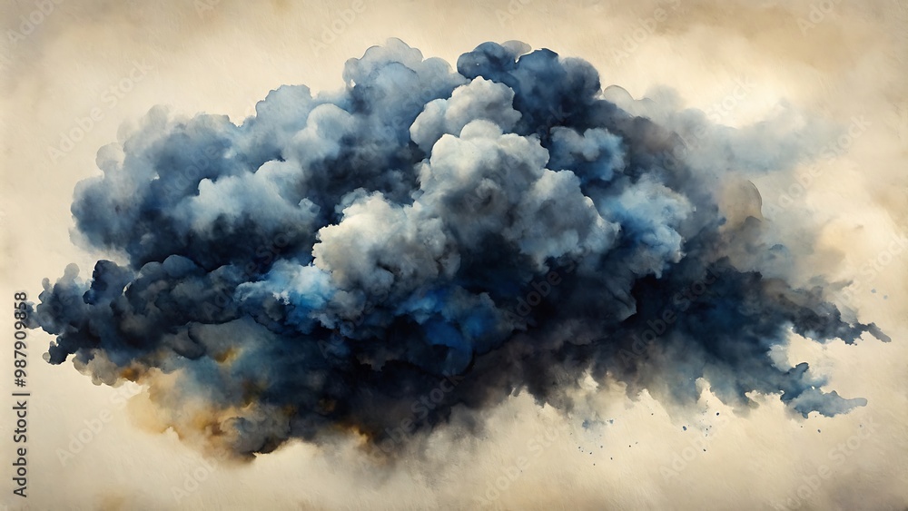 Ink Cloud Watercolor Painting Dark Blues and Grays Flowing on a Light Beige Canvas, Accented by Soft Brushstrokes and Impressionist Influence Ink Cloud Watercolor Painting Dark Blues and Grays Flowing on a Light Beige Canvas, Accented by Soft Brushstrokes and Impressionist Influence