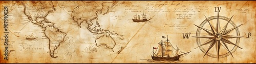 Old hand drawn map with vintage sailing yachts, Pirate adventures, treasure hunt and old transportation