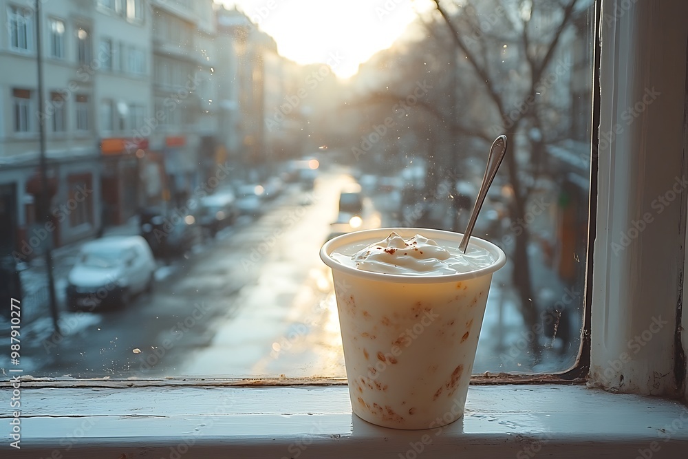 A cup of yogurt with granola on a windowsill overlooking a city street at sunset A cup of yogurt with granola on a windowsill overlooking a city street at sunset