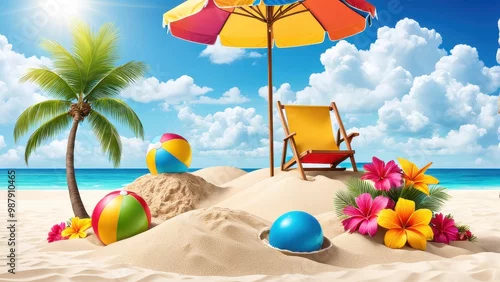 Fototapeta samoprzylepna A vibrant beach scene with an umbrella, chair, beach balls, and tropical flowers.