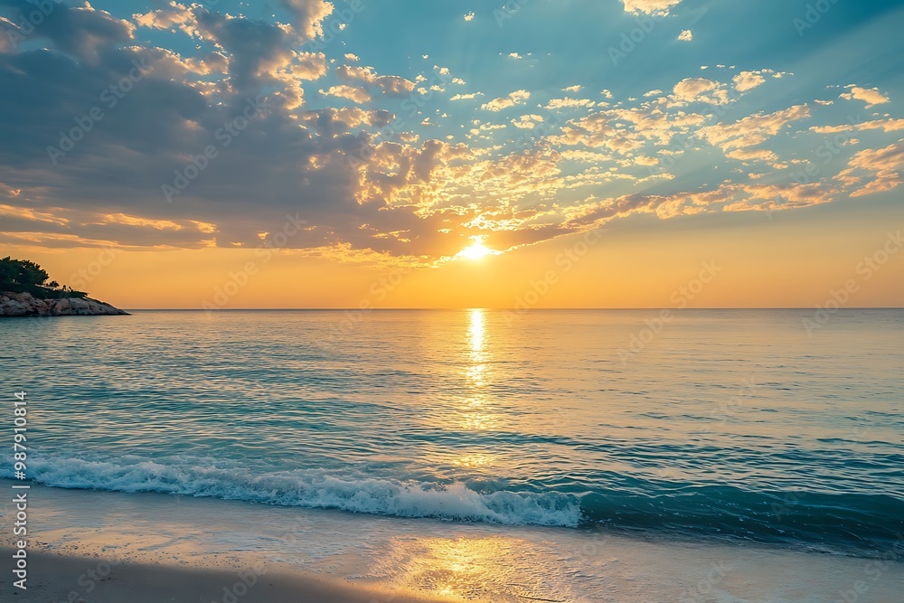 Golden Hour Sunset over Calm Ocean Waters with Cloudy Sky