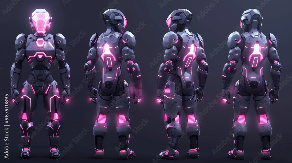 A futuristic robotic suit with glowing pink accents, showcasing a sleek design from multiple angles. A futuristic robotic suit with glowing pink accents, showcasing a sleek design from multiple angles.