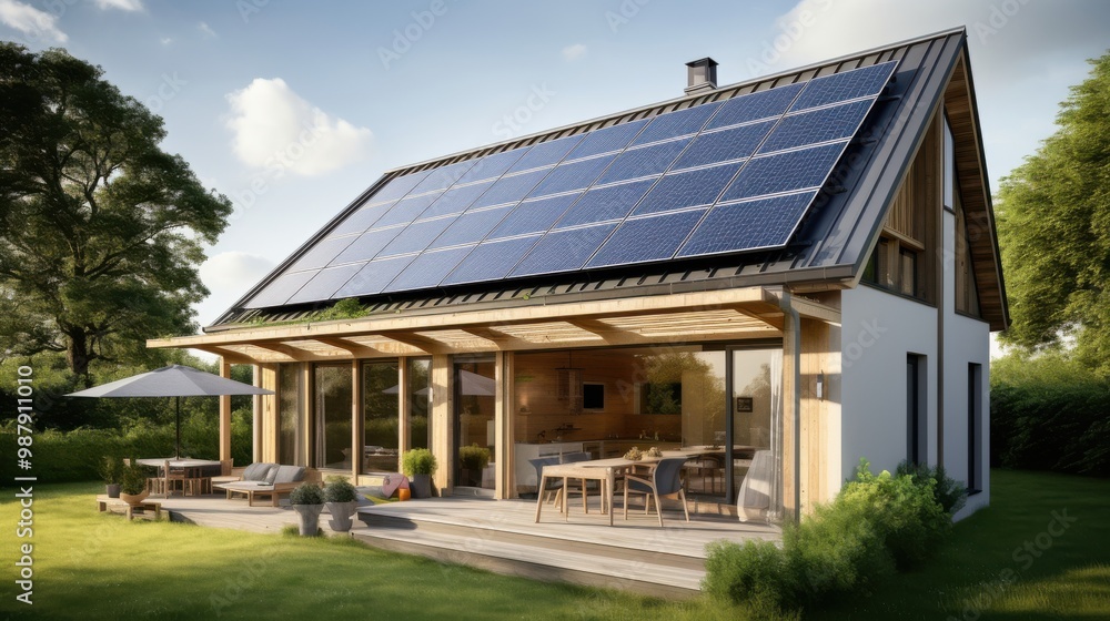 An eco-friendly farmhouse with solar panels is surrounded by lush greenery, embodying sustainable living in a serene countryside setting. An eco-friendly farmhouse with solar panels is surrounded by lush greenery, embodying sustainable living in a serene countryside setting.