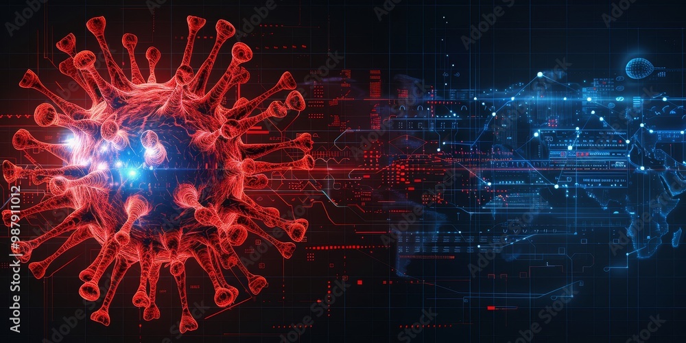 Digital representation of a global virus threat, highlighting the impact of a pandemic on worldwide health and emphasizing the critical need for global health management. Digital representation of a global virus threat, highlighting the impact of a pandemic on worldwide health and emphasizing the critical need for global health management.