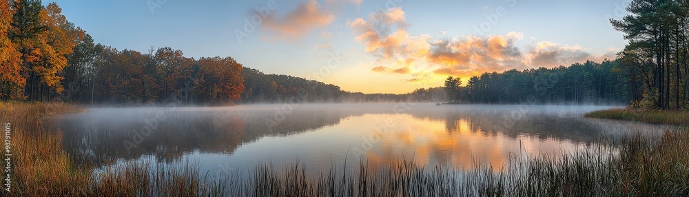 Tranquil Summer Sunrise Over Misty Lake Tranquil Summer Sunrise Over Misty Lake