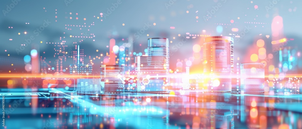 Fototapeta premium A vibrant, futuristic cityscape with glowing lights and digital effects, showcasing modern architecture and advanced technology.