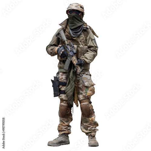 Modern soldier wearing camouflage is holding a gun and posing in a studio setting