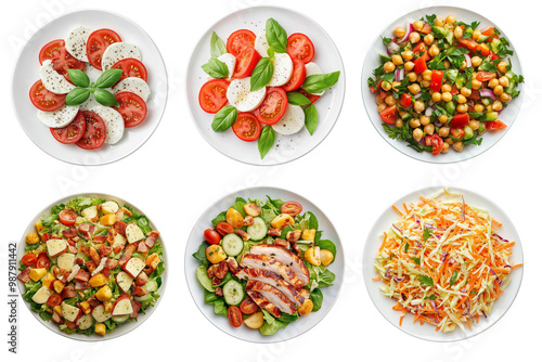 Colorful fresh salads variety on white plates with different vegetables, greens and topping. For healthy eating promotion, fitness meal plan, vegetarian recipe and photography concepts with copy space