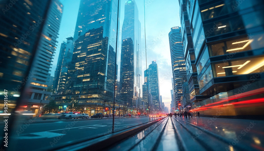 Obraz premium Dynamic urban scene with futuristic skyscrapers and reflections, capturing modern real estate excitement.