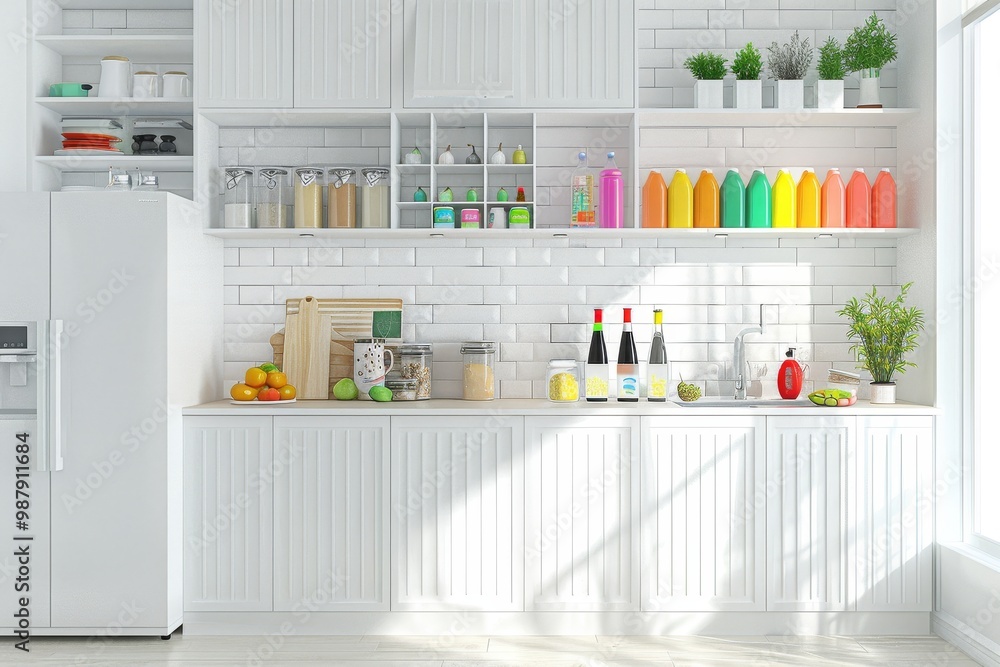 Modern kitchen interior with bright red barstools and colorful bottles arranged on shelves, creating a stylish, organized, and vibrant domestic space. Modern kitchen interior with bright red barstools and colorful bottles arranged on shelves, creating a stylish, organized, and vibrant domestic space.