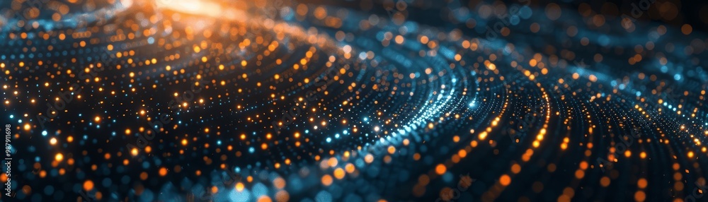 A vibrant abstract image showcasing flowing lines of glowing particles in blue and gold, creating a dynamic, digital wave effect.