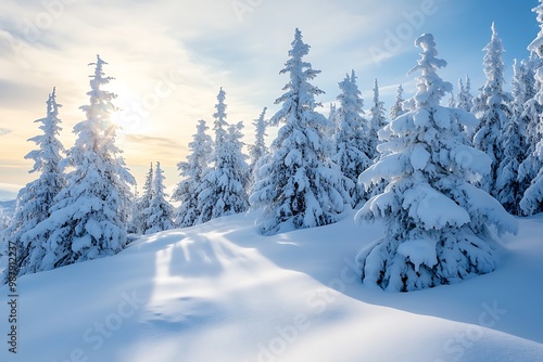 Snowy pine forest in winter with sun rays, winter landscape scenery